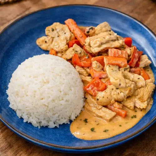 Putengeschnetzeltes mit cremiger Paprika-Kokosmilch-Soße und Reis, histaminarm, glutenfrei & laktosefrei