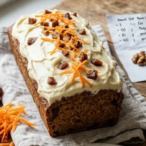 Ansicht von oben auf einen frisch gebackenen Karottenkuchen in Kastenform mit cremigem Frischkäse-Frosting, dekoriert mit geraspelten Karotten und Dattelstücken auf einem rustikalen Holztisch.