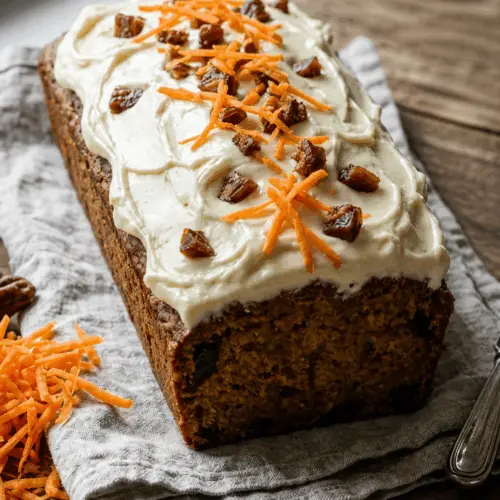 Saftiger Karottenkuchen in Kastenform mit cremigem Frosting, garniert mit geraspelten Karotten und Walnüssen auf einem rustikalen Holztisch.