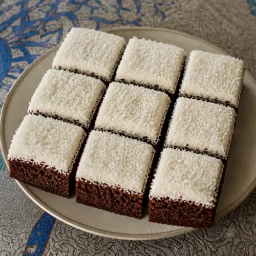 Glutenfreier Kokoskuchen aus Reismehl und Kokosmehl, gesüßt mit Kokosblütenzucker, in Quadrate geschnitten mit Kokosraspel-Topping.